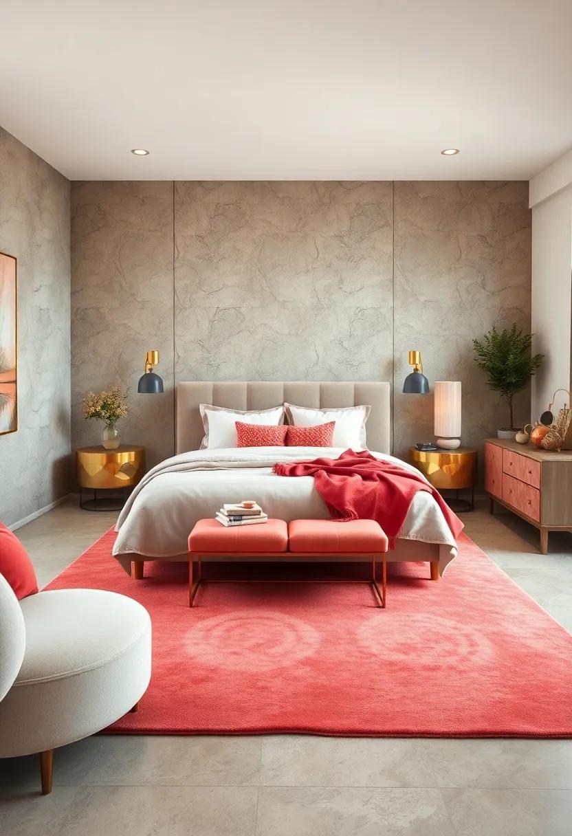 Coral-Colored Rugs: Anchor your bedroom with an area rug that features coral tones, adding comfort and style underfoot