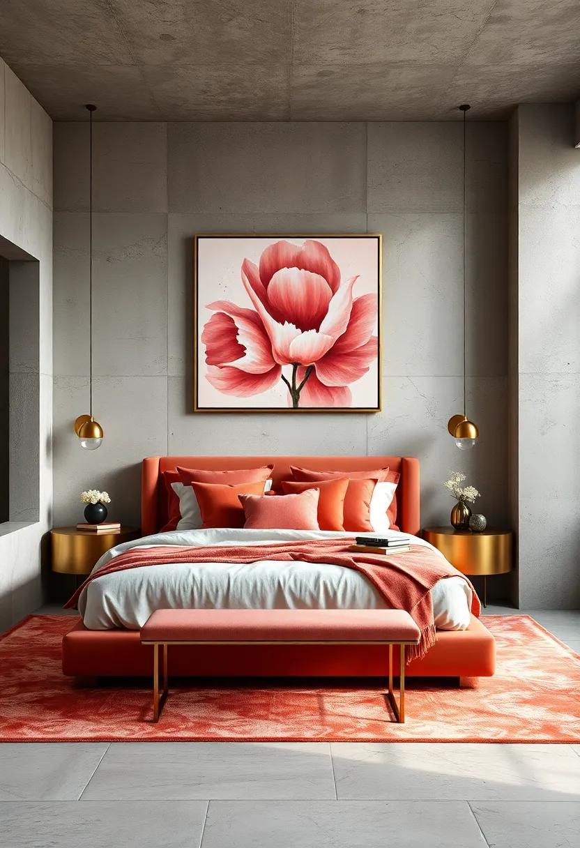Coral-Infused Wall Art: Choose abstract or floral wall art that highlights coral shades, tying the room's color palette together effortlessly