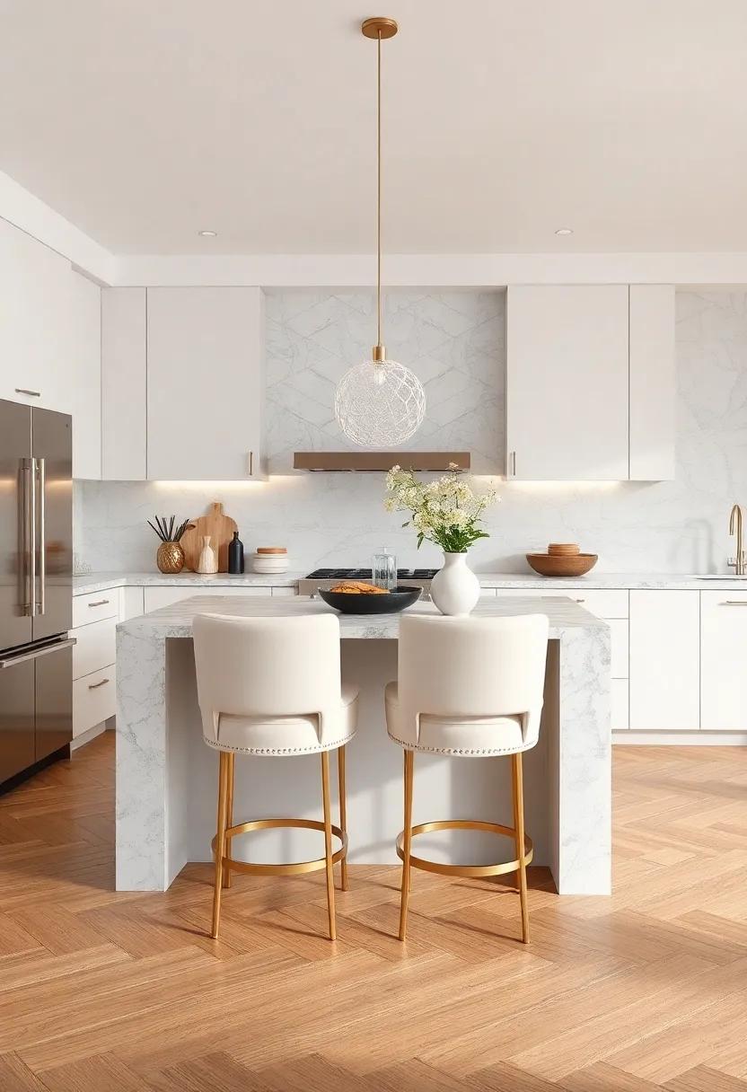 Luxe Barstools:​ Select plush barstools upholstered in ⁣pearl-colored ‍fabric or leather for‍ the kitchen island, offering comfort and elegance for guests