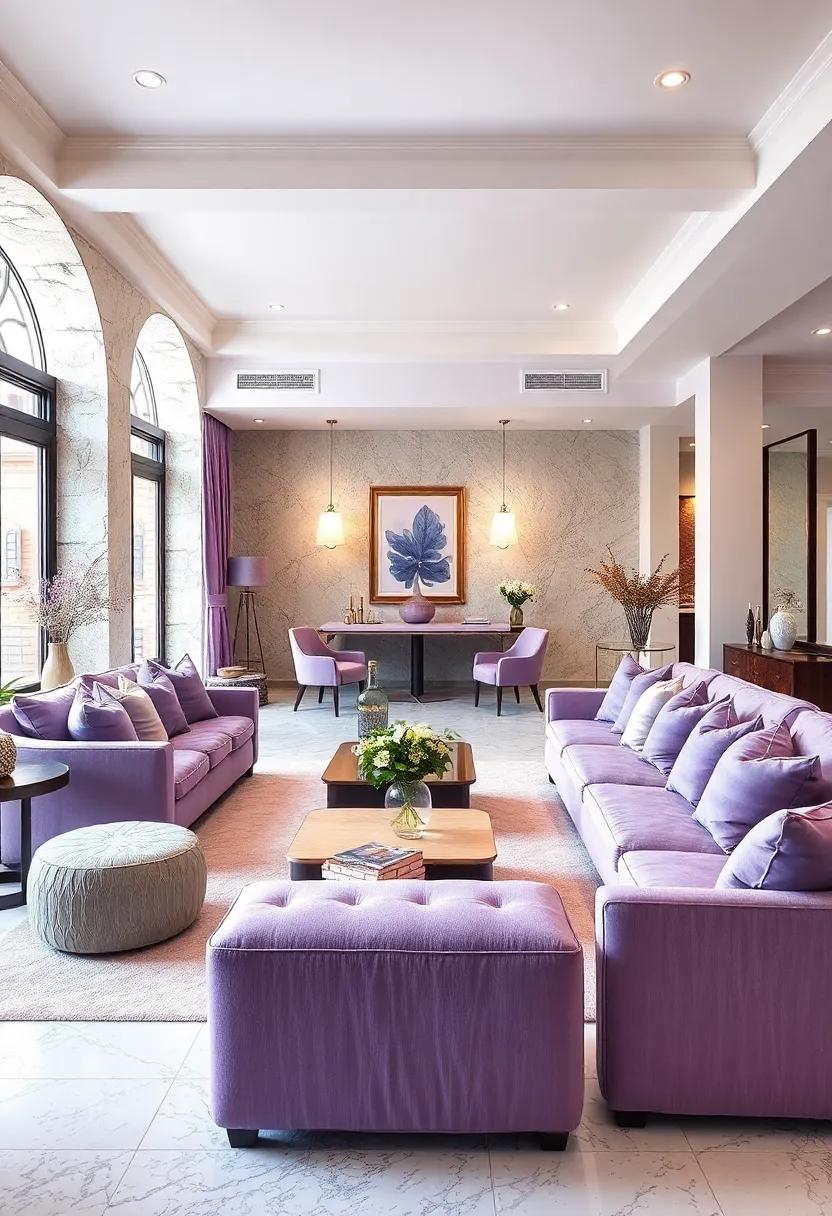 Embrace Elegance with Lavender-Cushioned Seating: Choose plush lavender sofas or armchairs that invite comfort and sophistication into any space
