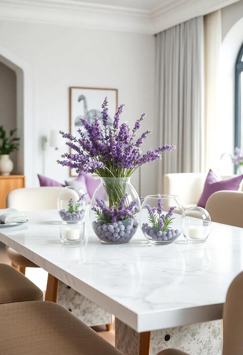 Utilize Glass Terrariums with Lavender Plants: Incorporate modern glass terrariums filled with lavender plants for a fresh and stylish touch to any table