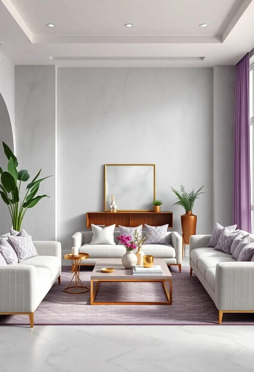 Incorporate Metallic Accents: Use gold or silver frames and fixtures to elevate the lavender and white palette, adding a touch of glamour