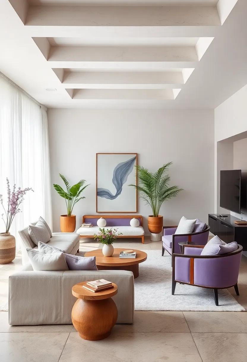 Mix with Natural elements: pair your lavender and white palette with natural materials such as wood, stone, and greenery for a tranquil and grounded aesthetic