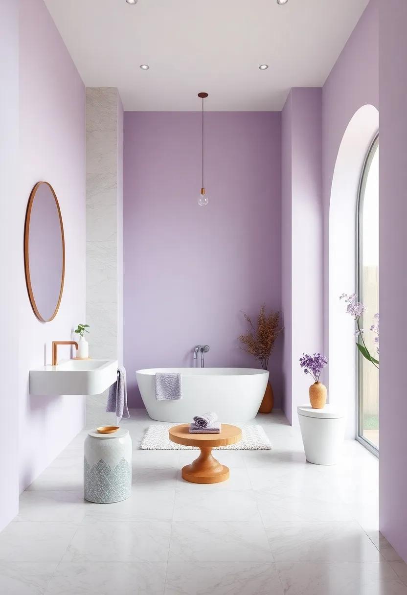 Utilize Lavender Paint in Small Spaces: Experiment with lavender walls or accents in bathrooms or small nooks to infuse charm without overwhelming the area