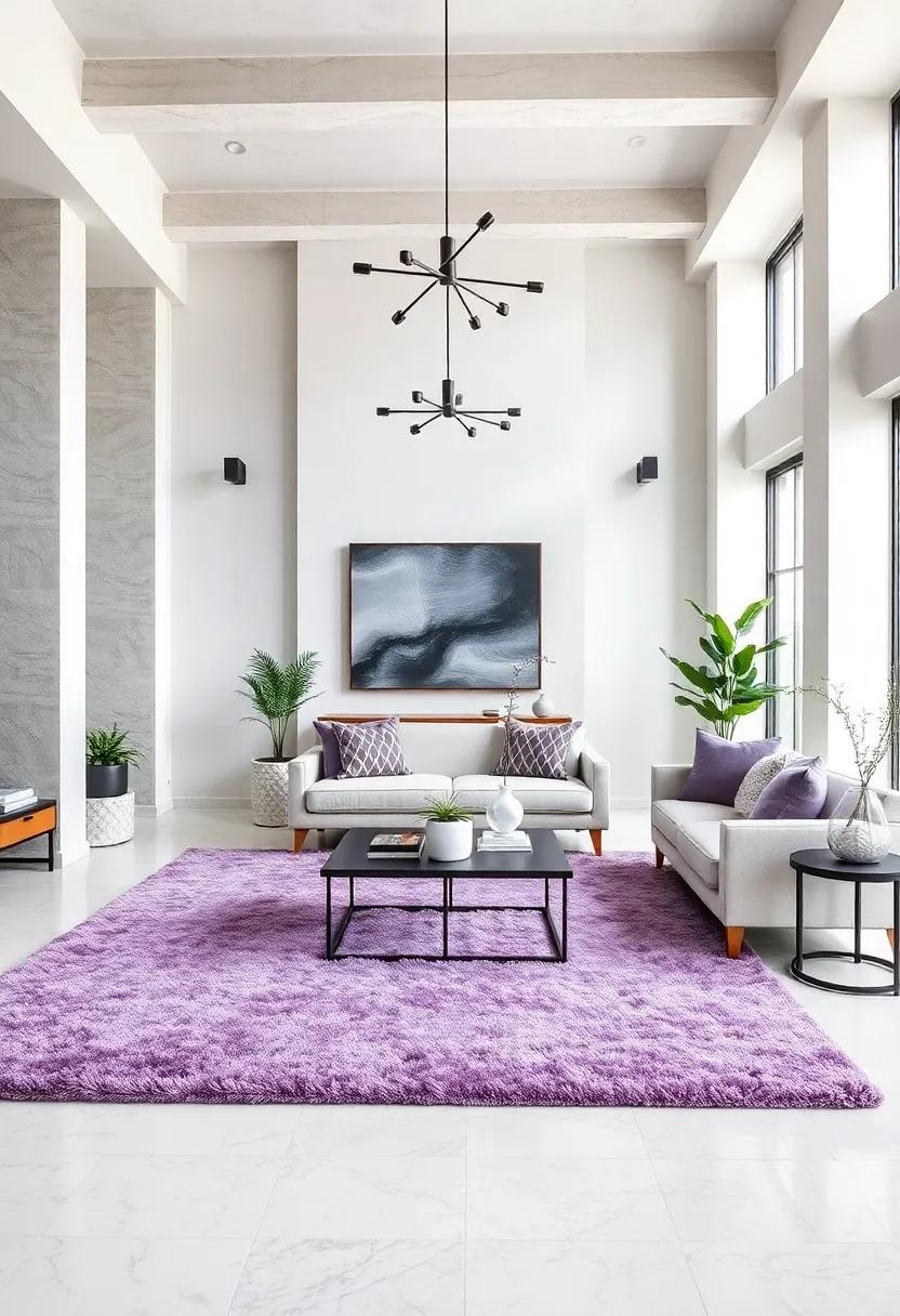 Accessorize with High-End Lavender Rugs: Invest in a plush lavender area rug to anchor your space and provide a soft landing for your feet