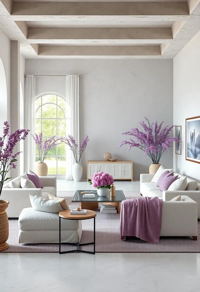 Styling with White Furniture: Choose chic white furniture pieces that seamlessly blend with lavender decor for a fresh and airy ambiance