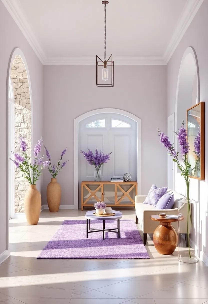 Craft an Inviting Lavender Entryway: Style your foyer with lavender accents, from a chic console table to decorative vases, making a memorable first impression