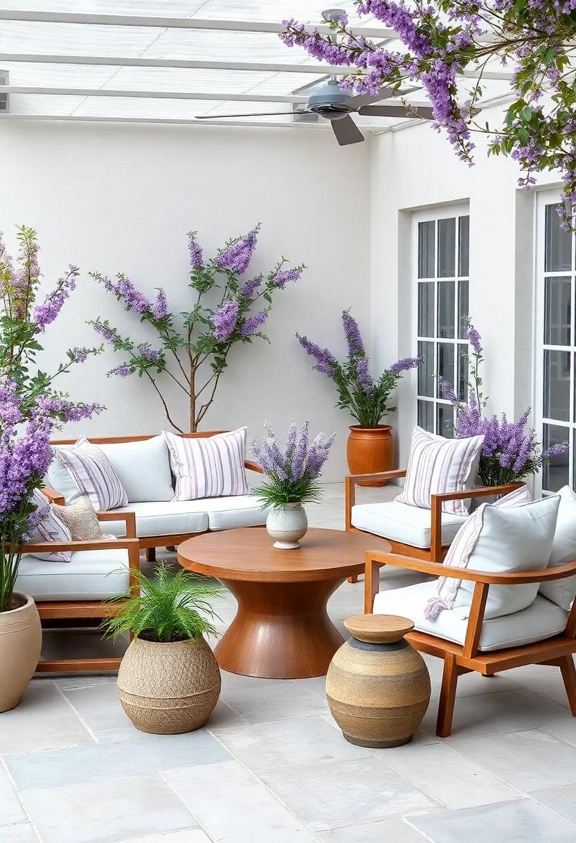 Design an Outdoor Space with Lavender Accents: Use lavender and white cushions for outdoor seating to create a serene garden oasis