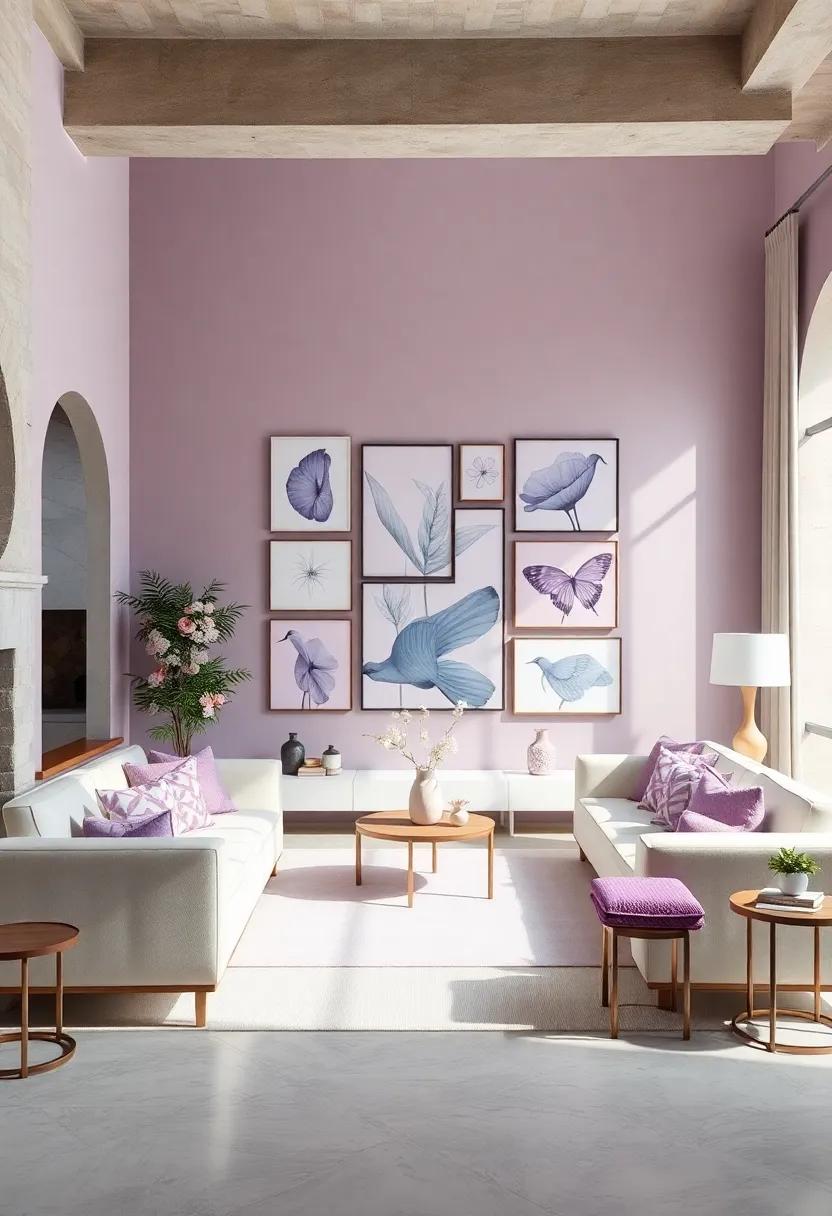Curate a Lavender and White Gallery Wall: Display a collection of art pieces in coordinated colors to create a personalized and stylish focal point