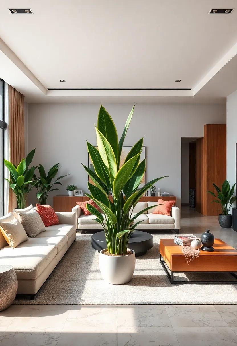 Snake Plant: Known for its architectural lines and air-purifying qualities, this plant is a functional piece of art in your living room