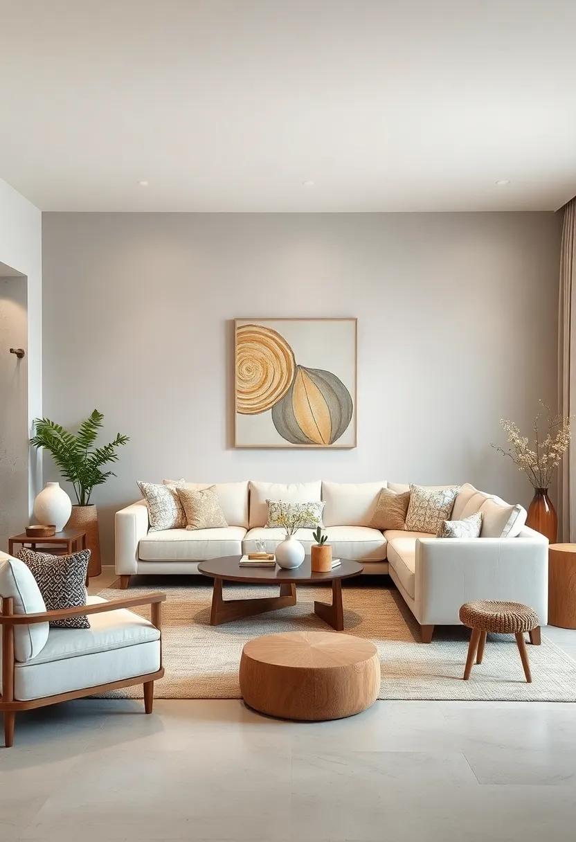 Embrace simplicity with soft beige walls and ‌a ⁤plush ivory sofa, accented by‍ natural wood elements for a calming⁢ retreat
