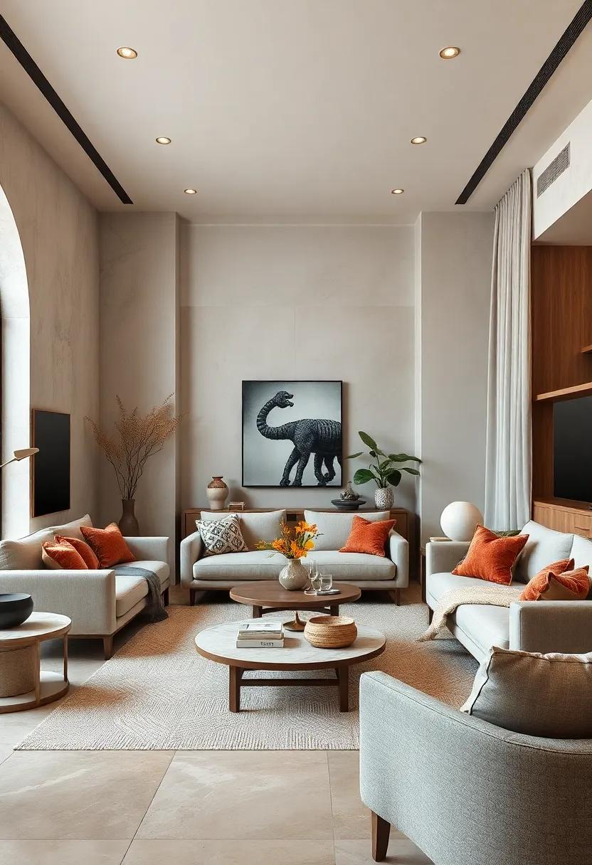 Featuring a subtle palette of ⁣greys and ⁣whites, this living room balances modern design with cozy‍ textiles, creating a ⁤warm yet airy atmosphere