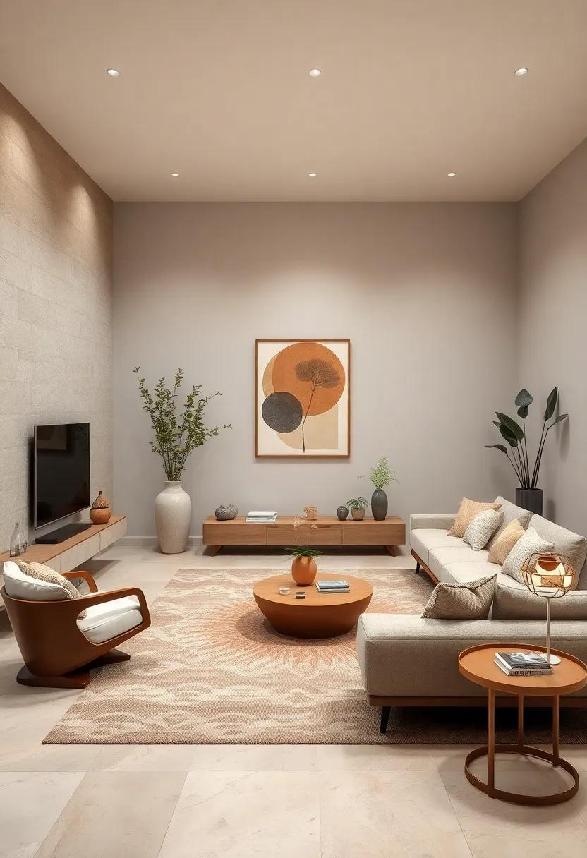 Muted earth tones⁣ dominate as an oversized floor rug ‍anchors the room, harmonizing with minimalist ⁢art pieces ⁤that ‍celebrate tranquility