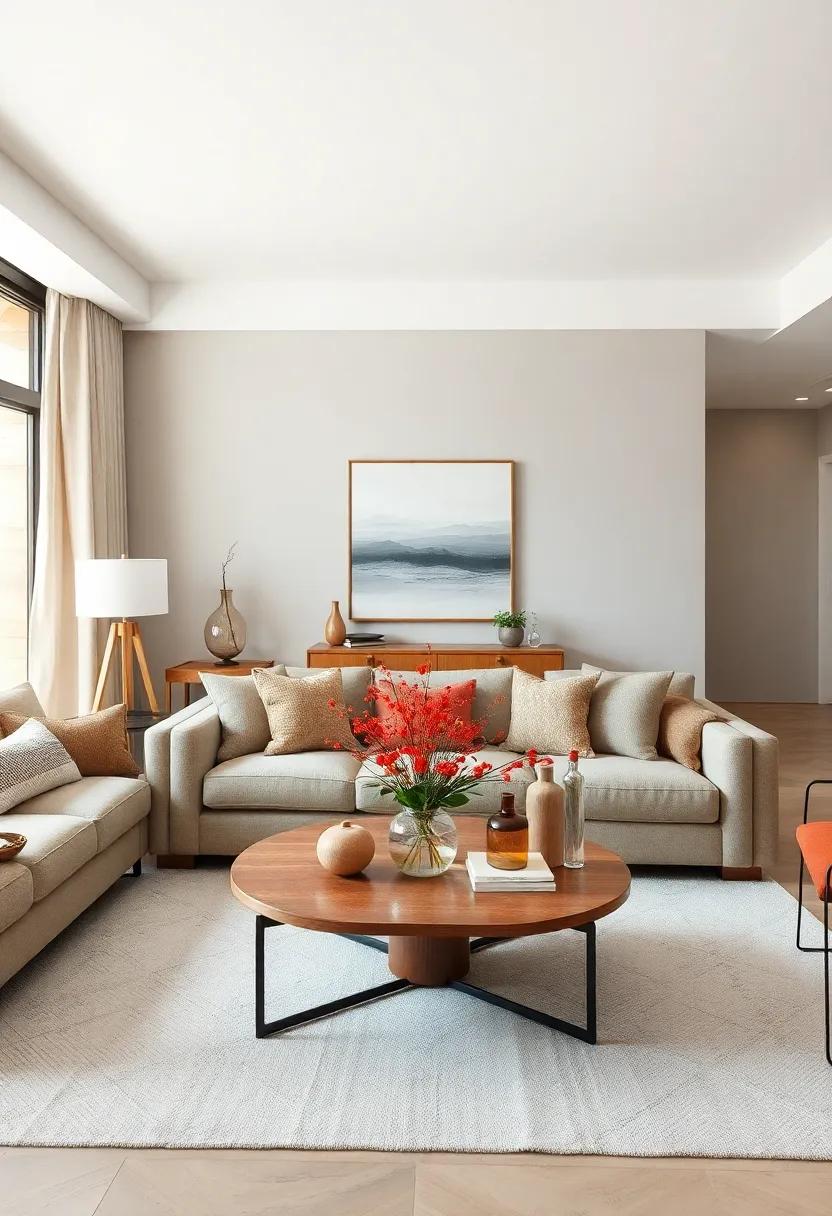 A minimalist design‌ showcases a sleek, ​low-profile ​coffee table​ paired with a floor cushion‍ in muted tones, inviting effortless relaxation