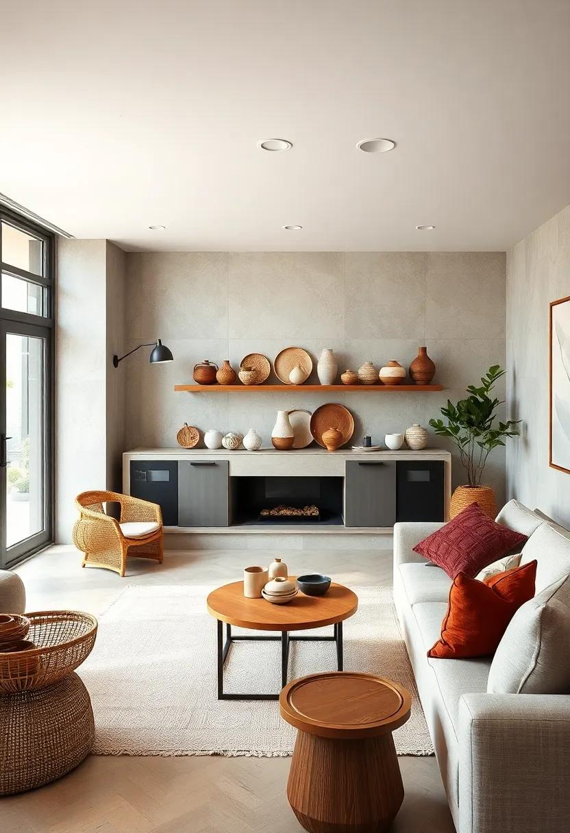 A collection of ‌handmade ceramics displayed on a shelf brings an artisanal touch, blending ⁢functionality ⁣and artistry seamlessly in a warm ‌environment