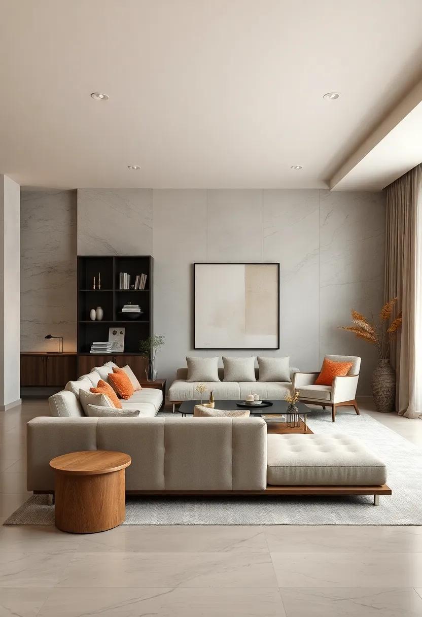 Accents‌ of dark wood in⁤ a minimalist shelving unit provide contrast while maintaining harmony with the overall ‌neutral​ theme‌ of the​ living room