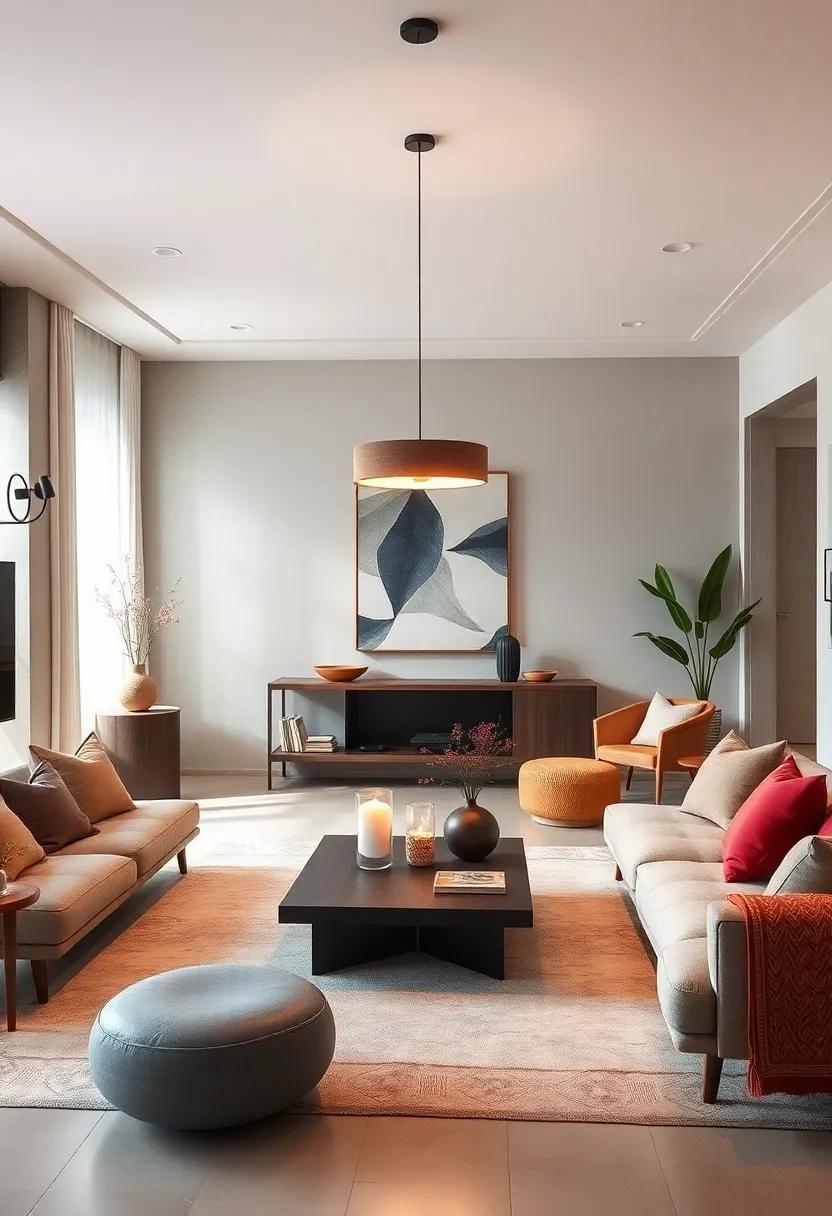 Simple yet striking, a statement⁤ pendant light hangs‌ above⁤ a‌ low coffee table, casting soft glow ‍and enhancing the​ serene ambiance