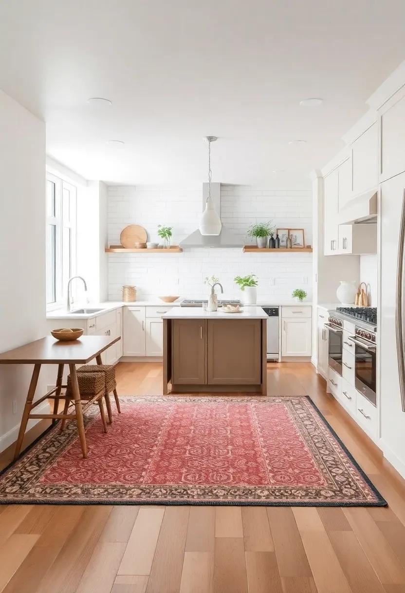 Define Zones with Rugs: Area rugs can delineate different work areas in the kitchen, providing comfort underfoot while adding color and texture