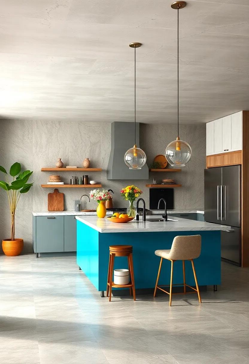 color Pop Sensation: Consider a vibrant kitchen island that injects personality into your space with a bold color choice or playful pattern