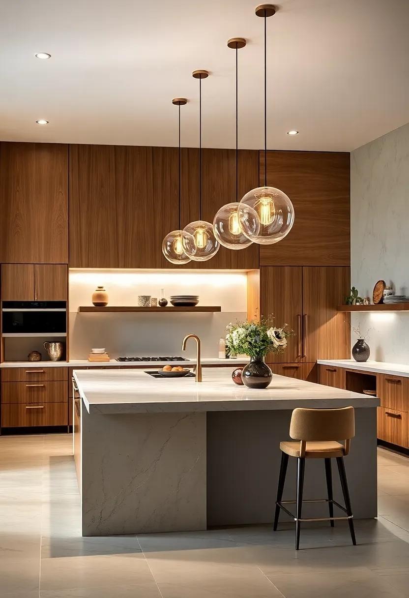 Luxe Lighting: Learn about islands paired with stunning pendant lighting that not only illuminate your workspace but also enhance the ambiance