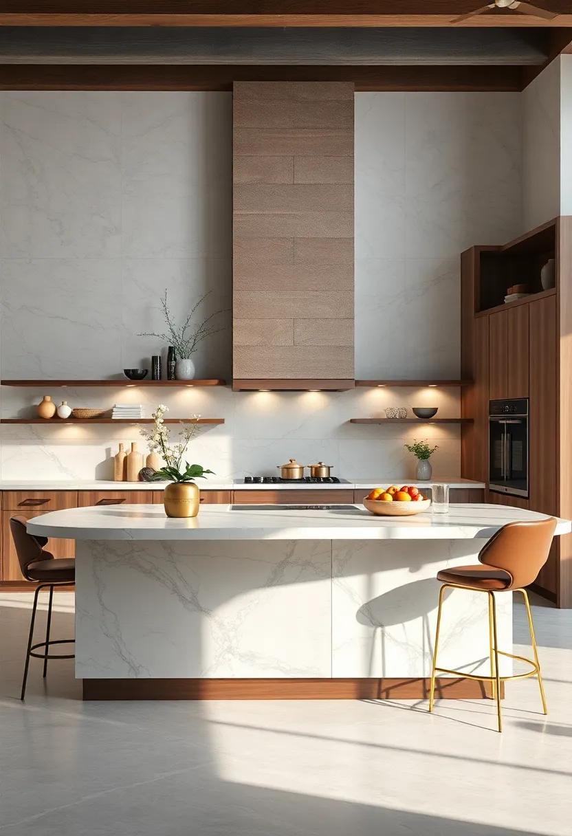 A Touch of Glam: Dive into a kitchen island adorned with intricate detailing and luxurious materials, such as marble and brass, elevating your space’s elegance