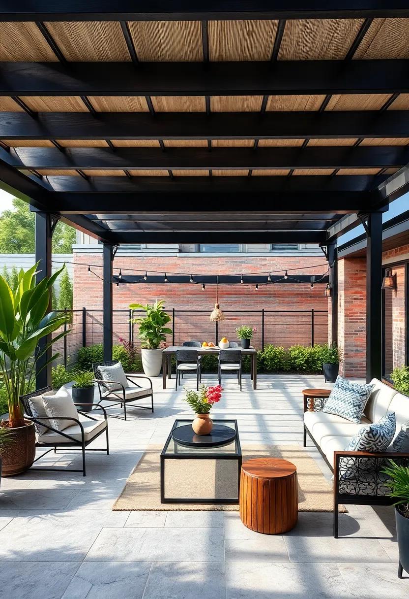 Industrial Edge: Integrate industrial-style elements with metal furniture and an urban-chic pergola that exudes a sophisticated yet laid-back vibe