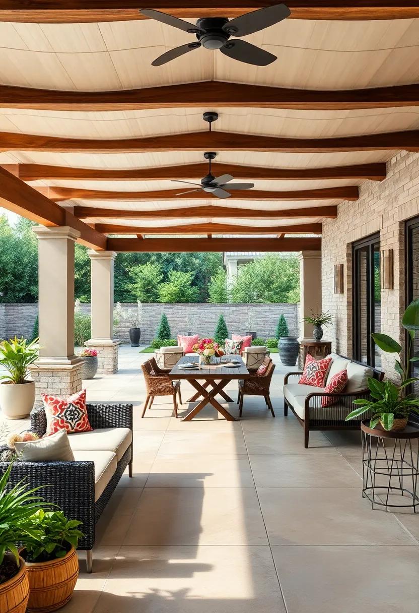 Outdoor Dining Delight: Get inspired by patios that combine dining and lounging areas under a large pergola, perfect for hosting dinner parties or casual family meals