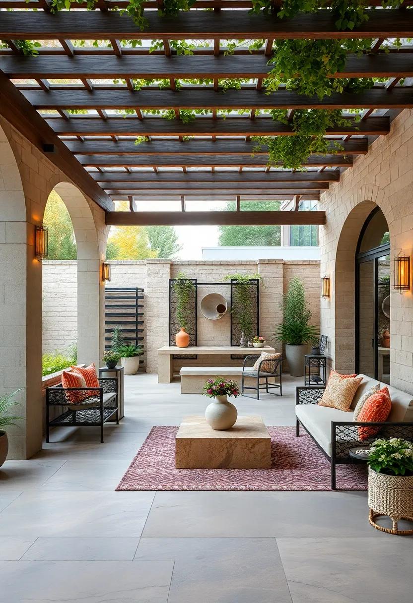 Artful Ambiance: Explore artistic design ideas that emphasize unique sculptures and art pieces, weaved seamlessly into a pergola-covered lounge area