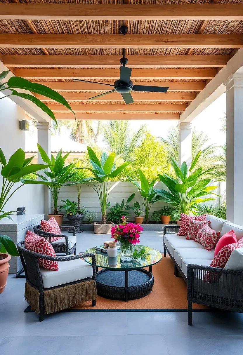 tropical Paradise: transform your space into a tropical escape with lush foliage, vibrant colors, and a thatched pergola that enhances the island vibe
