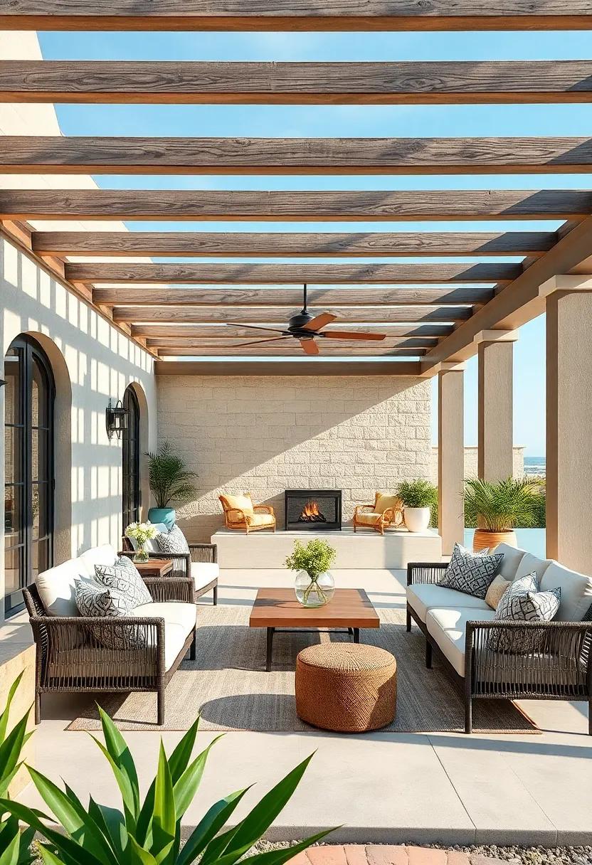 Chic Coastal Aesthetics: Reimagine your patio with a coastal theme featuring beachy colors,light materials,and a pergola that protects you from the sun while enjoying ocean views