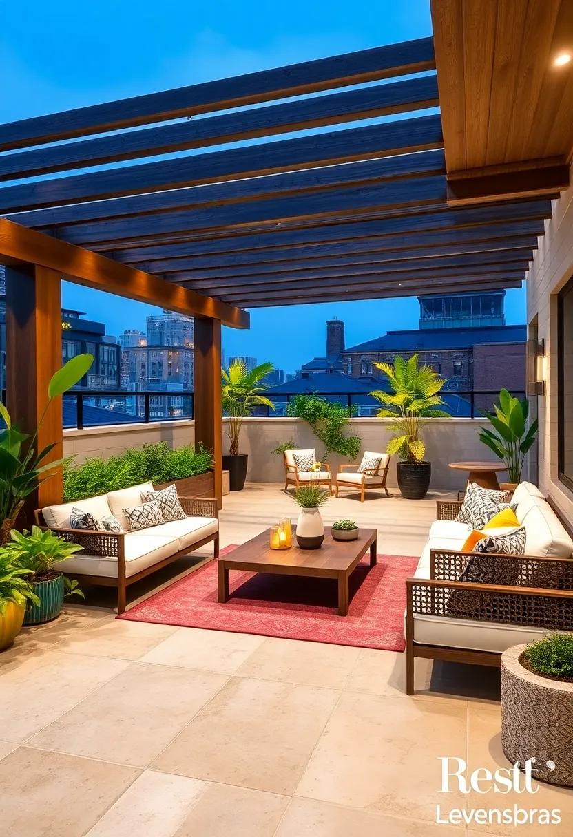 Urban Rooftop Retreat: Explore chic rooftop patios featuring cutting-edge pergola designs that offer an urban escape amidst the hustle and bustle of city life