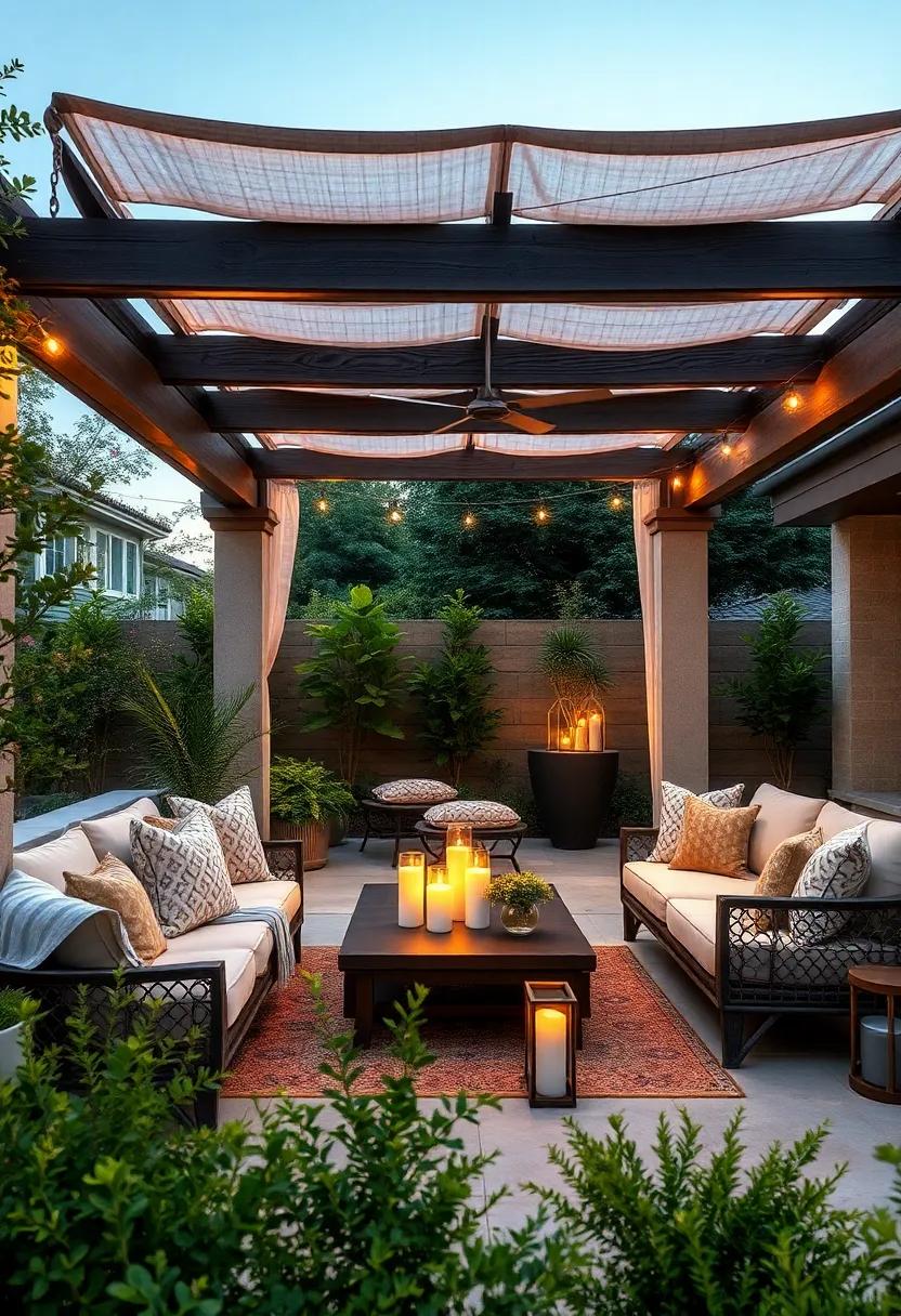 Romantic Nooks: Discover how to create intimate seating areas under a pergola, adorned with soft fabrics and flickering candles for a romantic evening escape