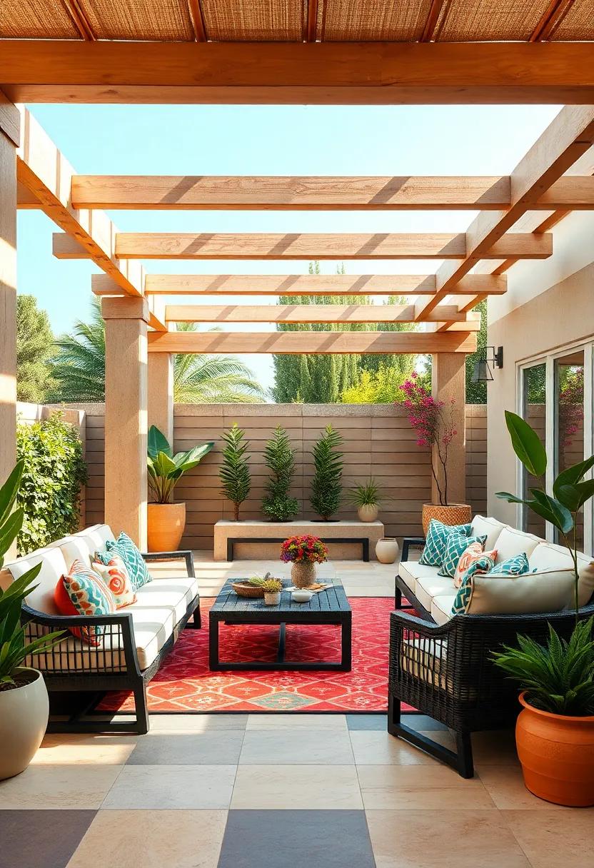 Colorful Patterns: Explore how vibrant patterns in tiles combined with a lively pergola create a playful yet inviting outdoor space for you and your guests