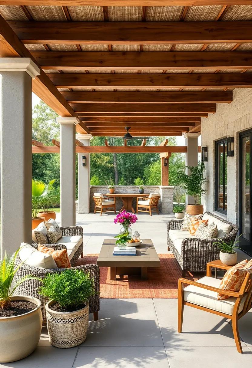 Rustic Retreat: Explore the charm of a rustic patio adorned with reclaimed wood furniture, woven textiles, and a sturdy wooden pergola that harmonizes with nature