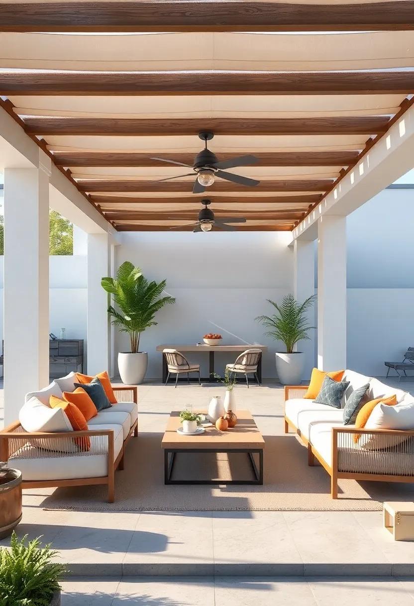 Minimalist Serenity: Uncover the beauty of simplicity with a sleek, monochromatic design featuring a modern pergola that offers shade without overwhelming the space