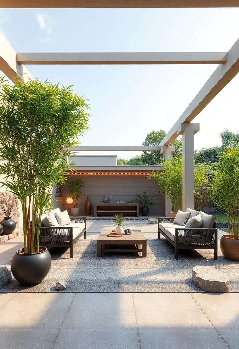 Zen-Inspired Escape: Create a peaceful atmosphere with a pergola surrounded by stones, bamboo, and minimalistic furniture, ideal for meditation and quiet reflection