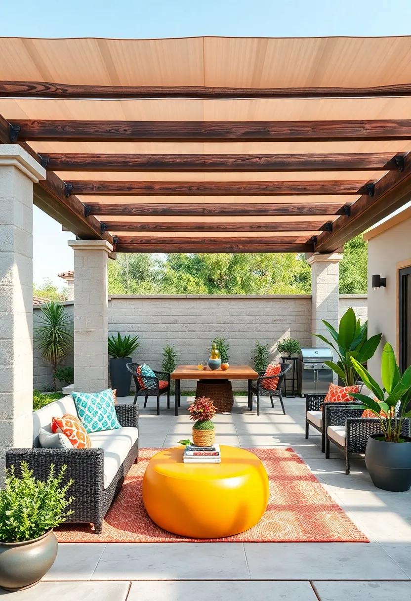 Kid-Friendly Creativity: Dive into creative design ideas that cater to kids, featuring a pergola that offers shade for play and dining, combined with colorful furniture