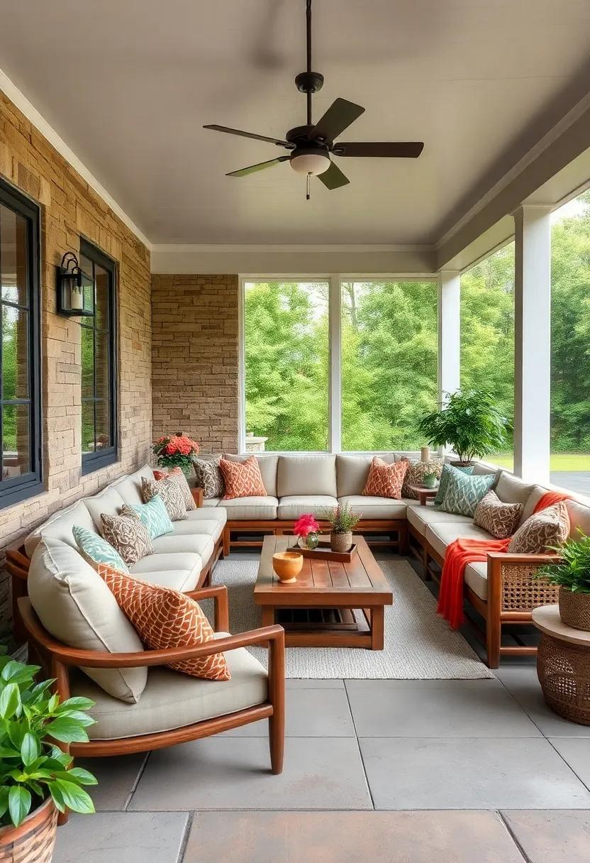 Rustic Retreat: Explore the beauty of reclaimed wood elements and earthy tones that complement a plush sectional,creating a warm and inviting atmosphere