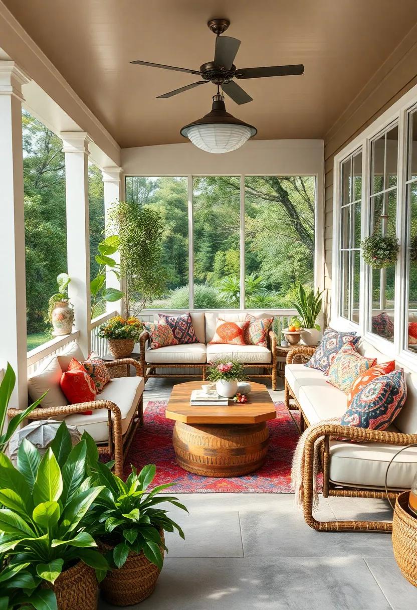 Boho Bliss: Layer your porch with colorful textiles, plants, and a cozy sectional sofa, capturing the relaxed and eclectic bohemian aesthetic