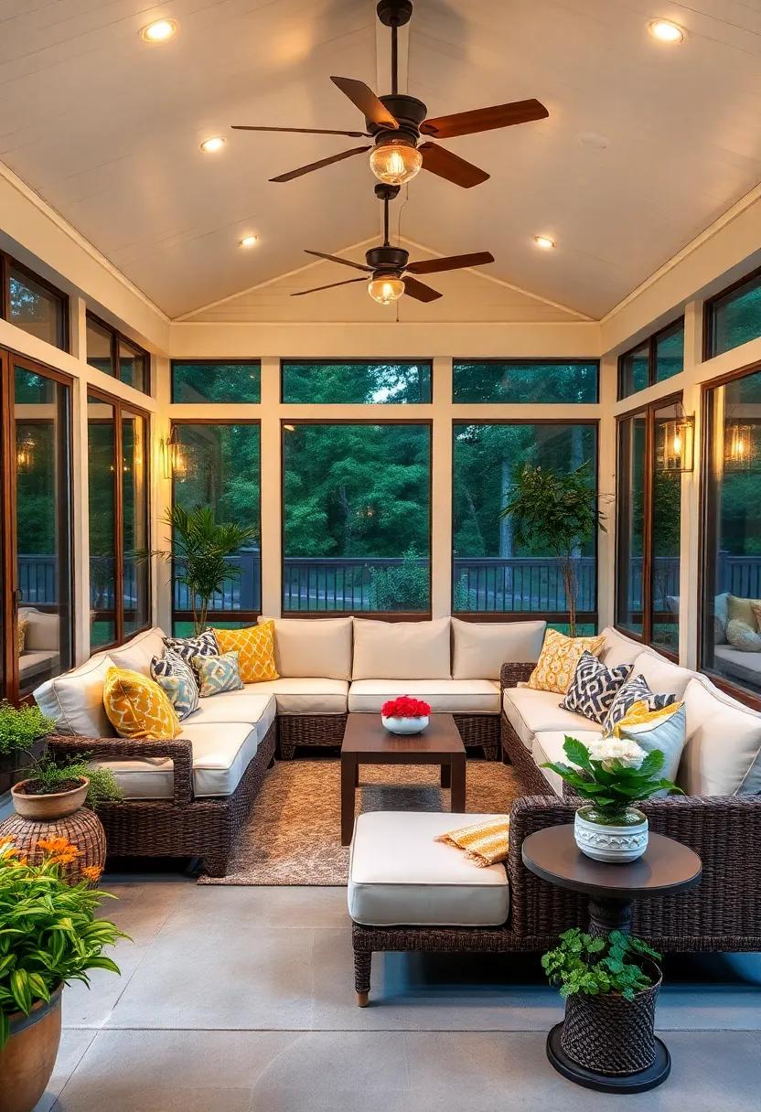 Creative Lighting: Use unique lighting fixtures above your sectional to set the mood, making your porch an inviting space for evening gatherings