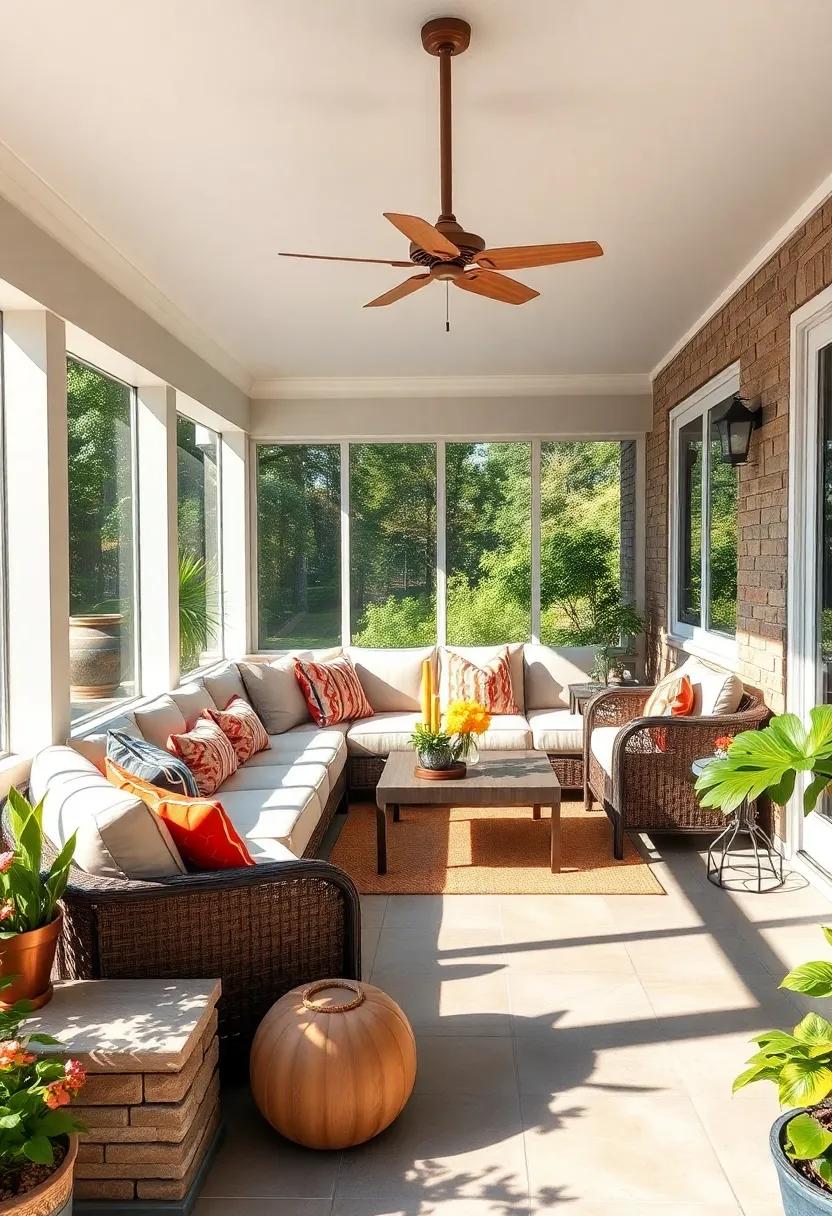Sun-drenched Serenity: Explore a light, airy design featuring a comfortable sectional that invites relaxation while basking in the warmth of the sun