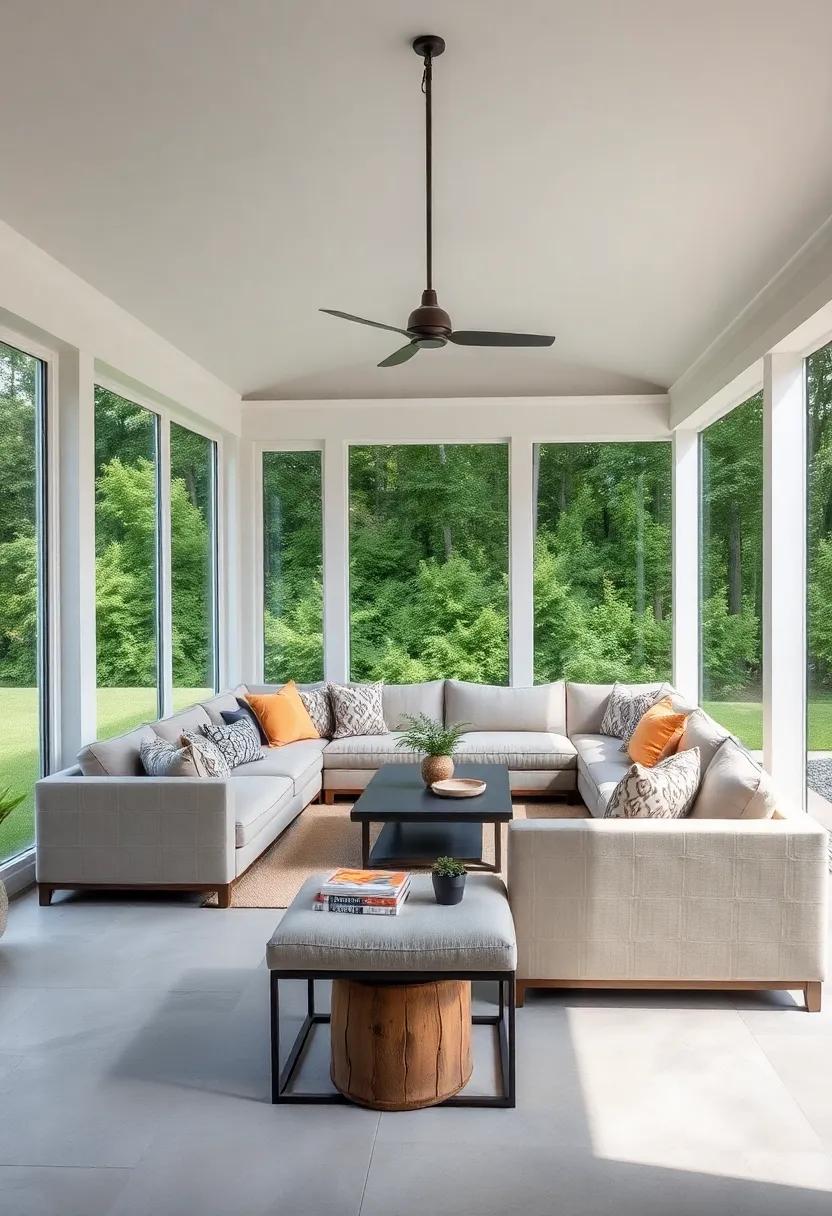 modern Minimalism: Dive into sleek lines and neutral shades, where a large sectional sofa serves as the statement piece against a backdrop of glass and greenery