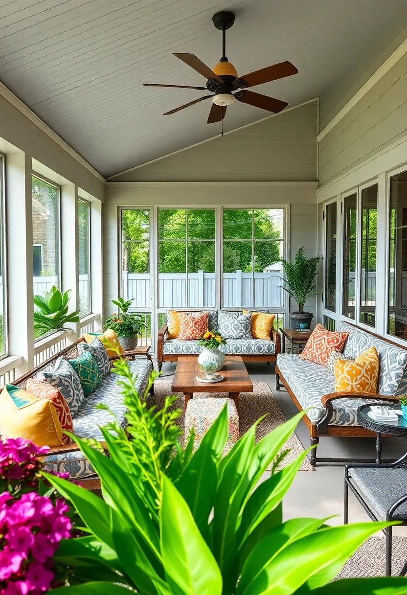 vibrant Patterns: Infuse your screened porch with personality by choosing bold, patterned sectional sofas that stand out against a muted color palette