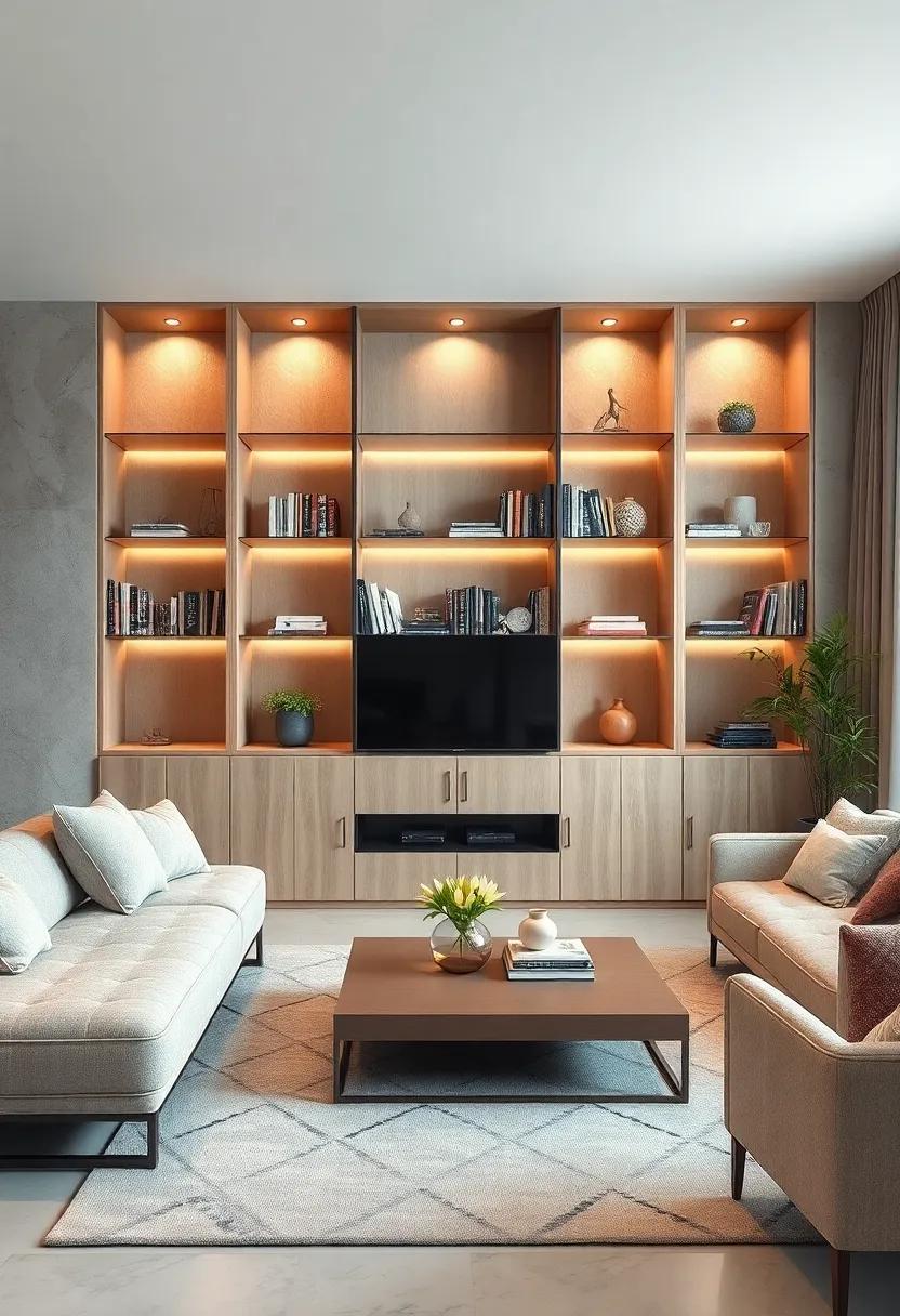 Embrace elegance with a minimalist glass-shelved bookcase that showcases your literary treasures while enhancing the open feel of your living room