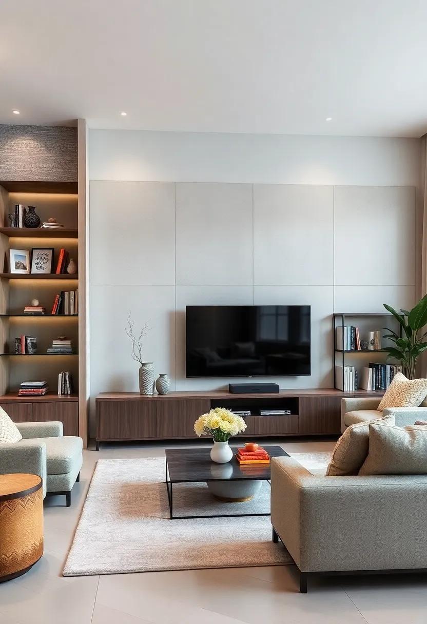 Elevate your entertainment space with a stylish bookcase that doubles as a media center, featuring glass shelves to showcase both books and tech