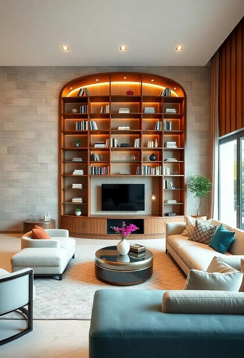 Make a bold statement with a round bookcase that offers glass shelves, creating an unexpected visual interest and conversation starter in your living room