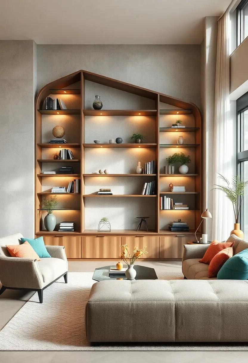 Add a touch of whimsy with a uniquely shaped bookcase featuring playful angles and glass shelves that encourage creativity in your decor