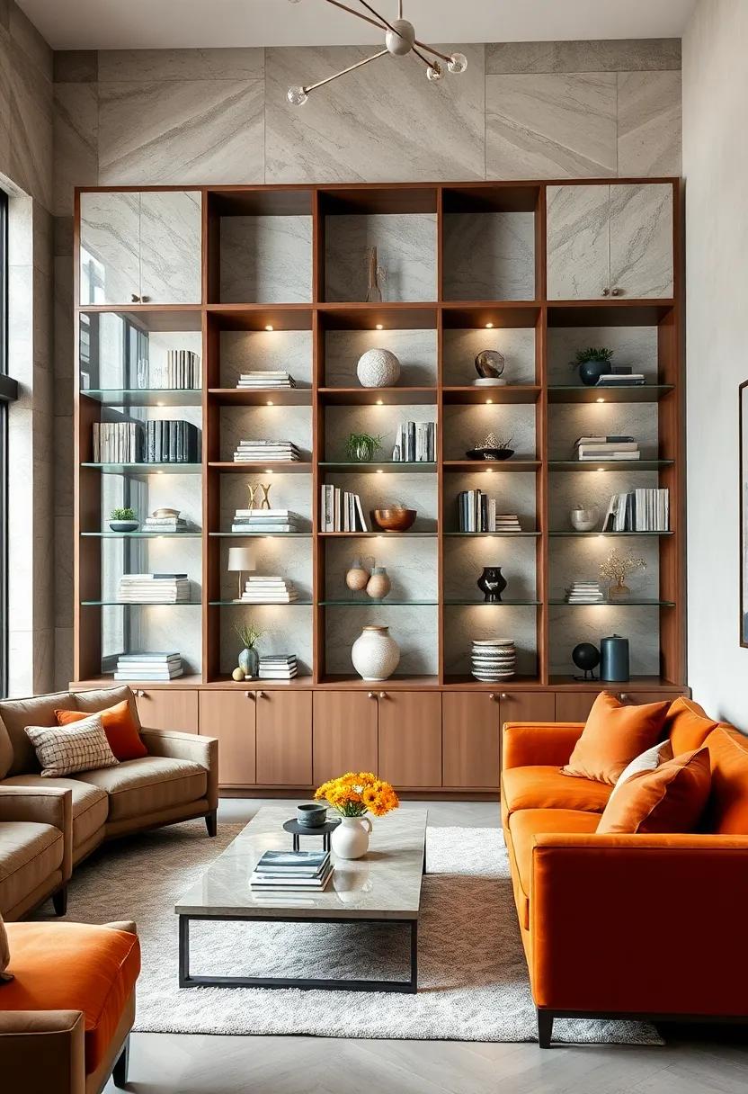 Create a harmonious balance in your living room with a symmetrical bookcase where glass shelves serve as the perfect backdrop for curated decor