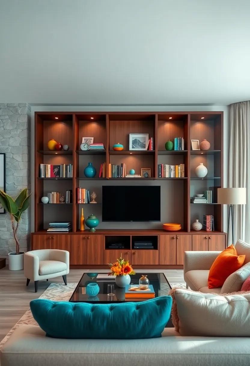 Infuse a pop of color with an eclectic bookcase where vibrant glass shelves contrast beautifully with darker wooden frames, catching the eye and sparking joy