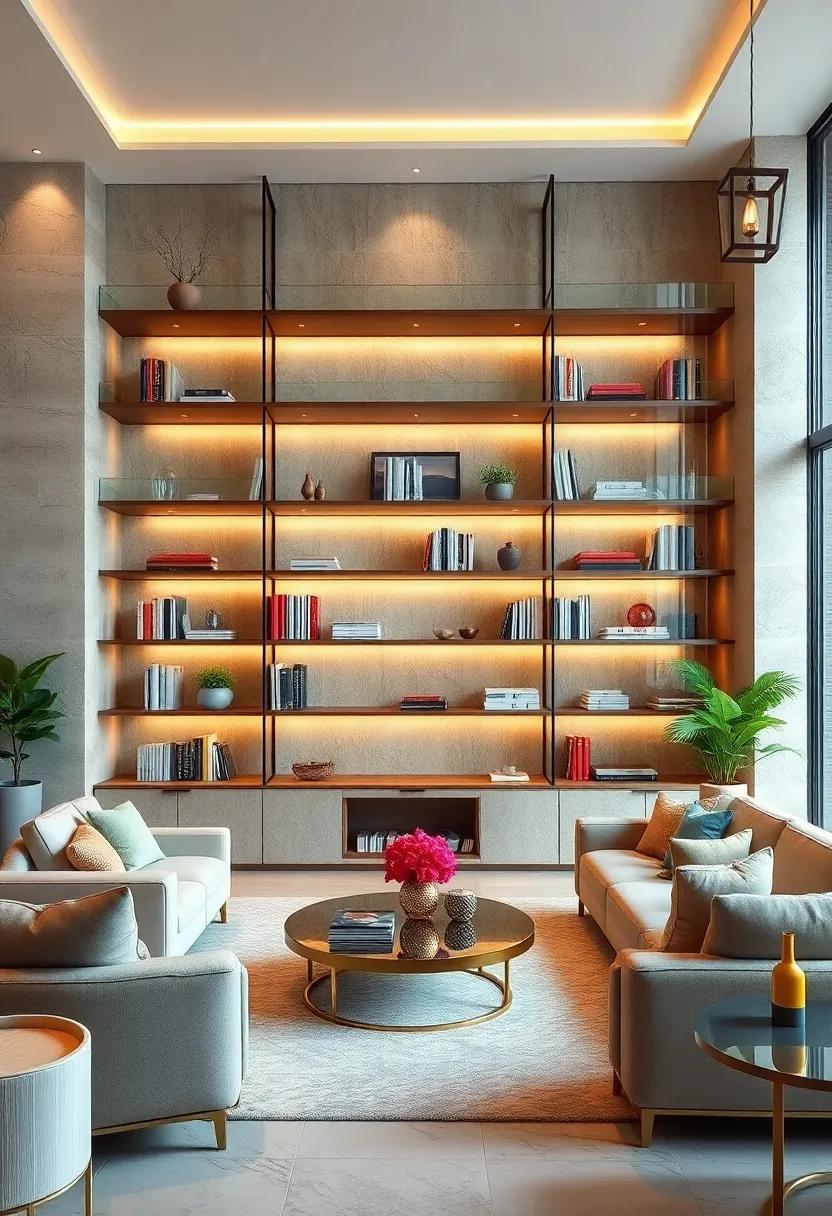 Captivate your guests with a multi-tiered bookcase, where glass shelves adorn each level, setting the stage for a stunning visual experience